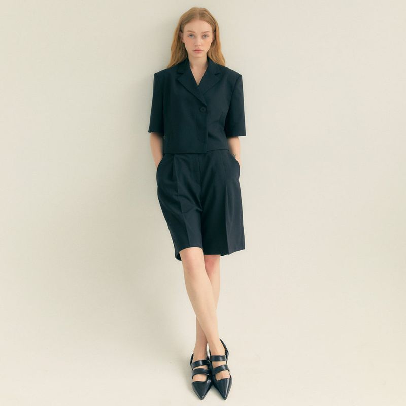 Crop Unbal Half Sleeve Jacket (Black)