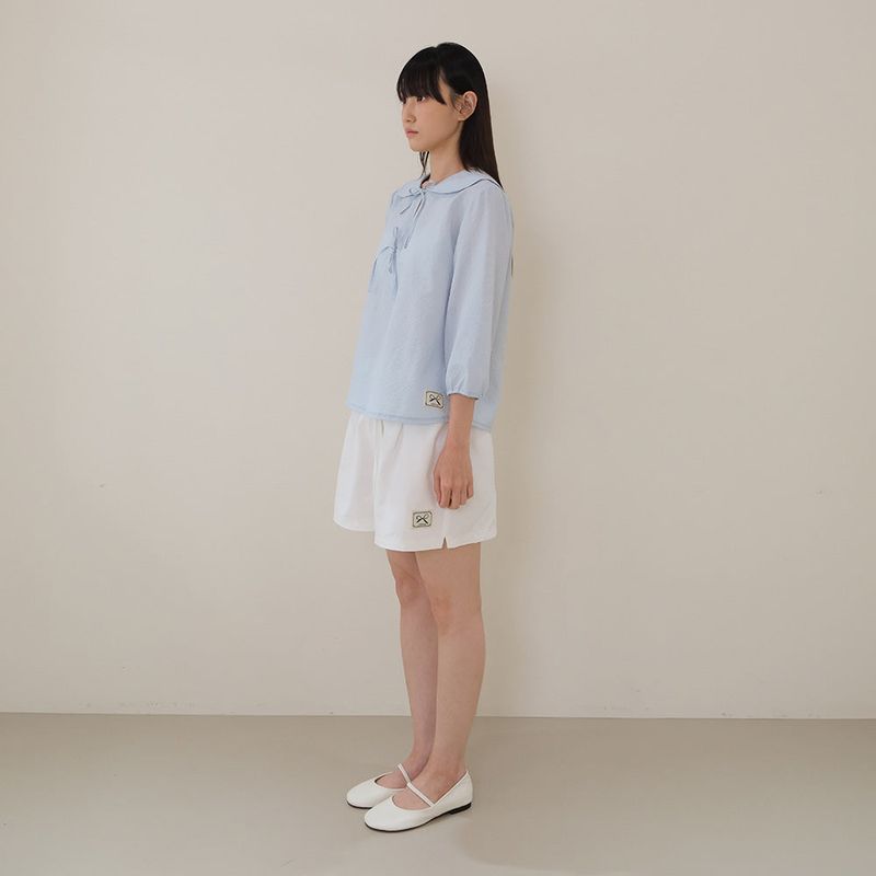 Sky Blue Seersucker Ribbon Blouse