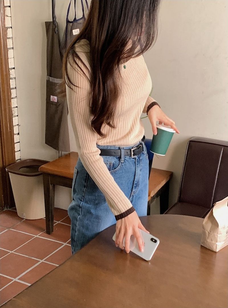 Slim Two Tone U-neck Rib Knit (6color)