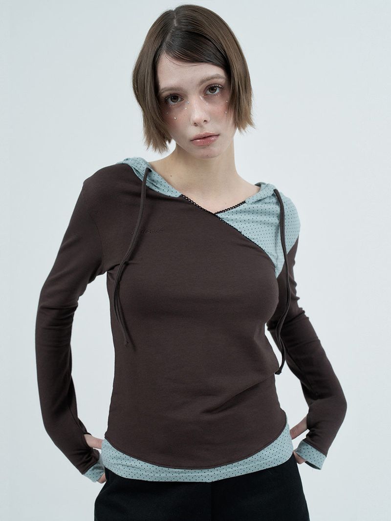 dot wrap layered hoodie / brown