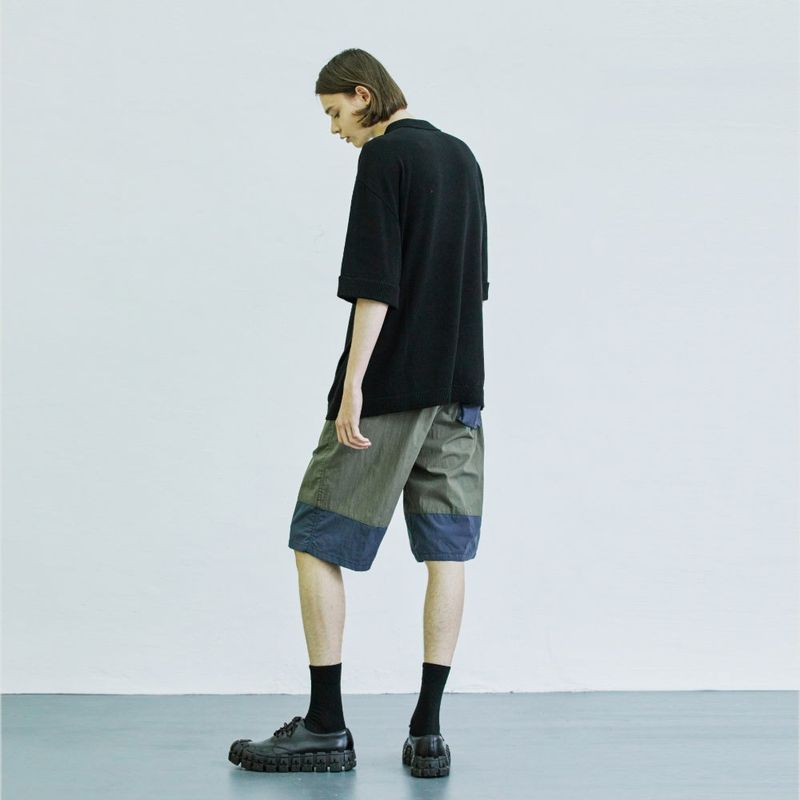 color block banding half nylon pants khaki