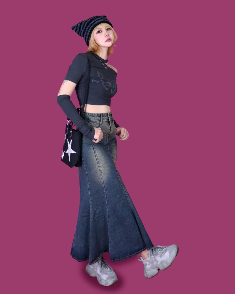 caramel denim long skirt