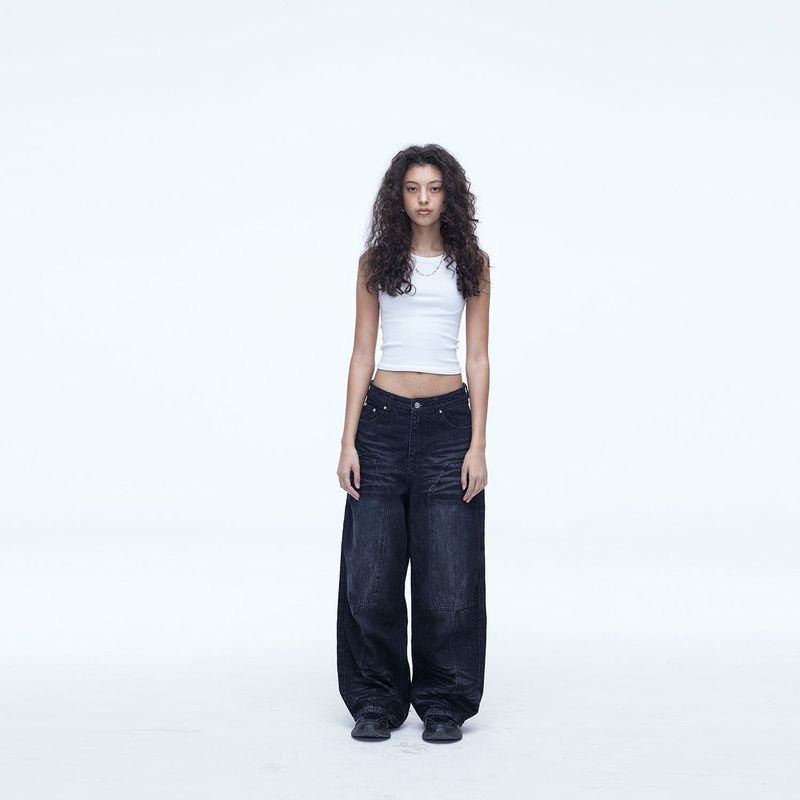 Double Knee Carpenter Wide Denim Pants Black