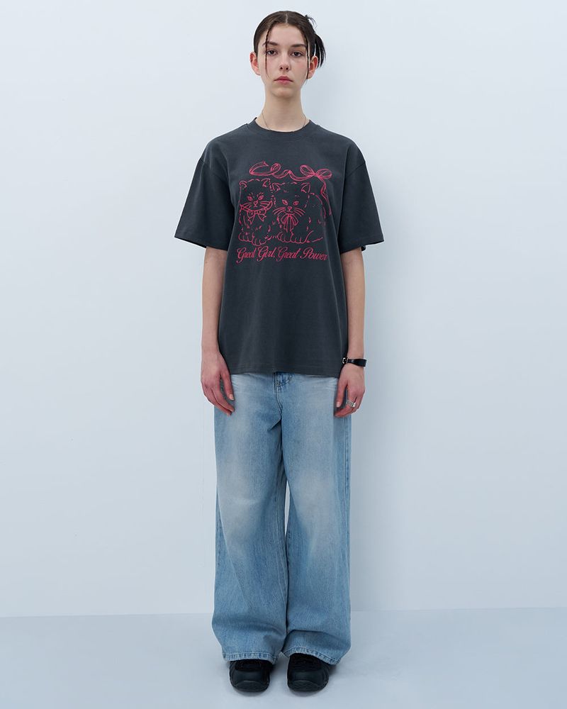 RIBBON CATS TSHIRT-CHARCOAL