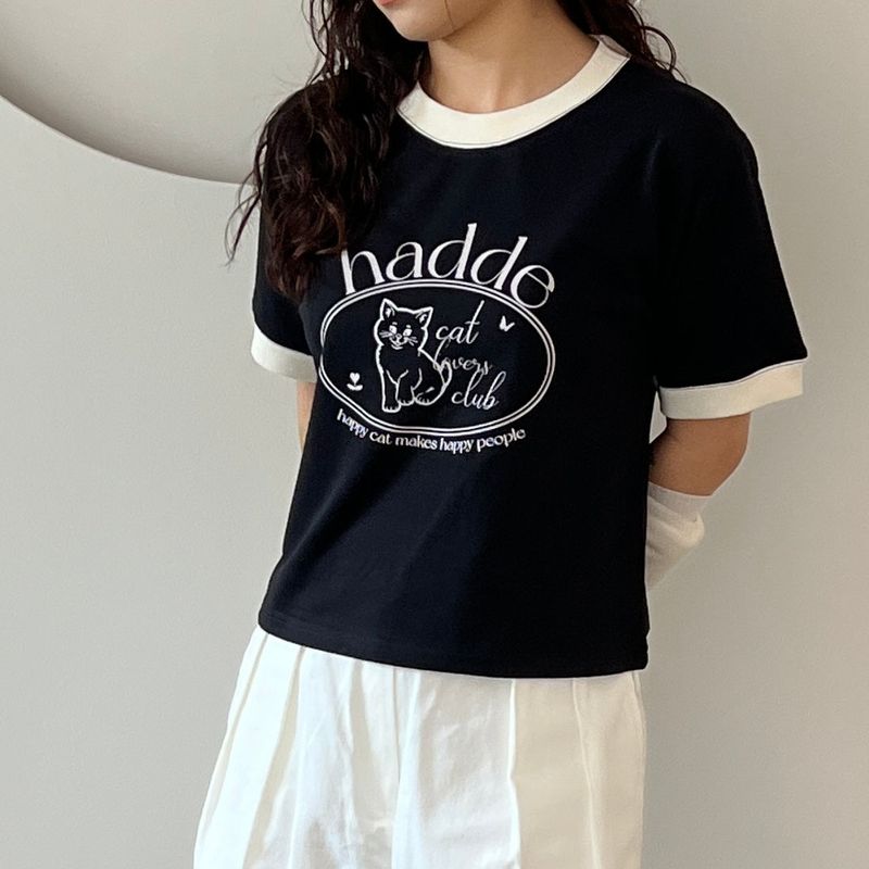 CAT VINTAGE DRAWING PINK PRINTING SEMI CROP T-SHIRTS BLACK