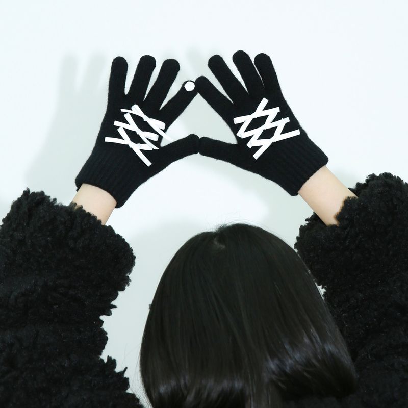 0 4 ribbon knit gloves - BLACK/WHITE