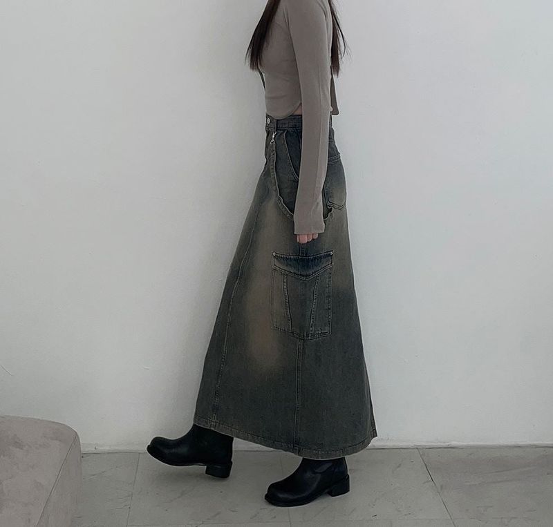 Work Vintage Cargo Denim Maxi Skirt