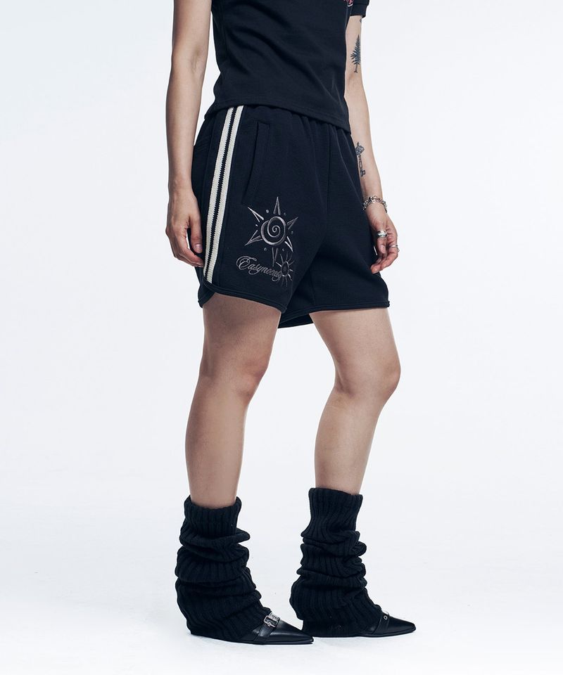 Embroidery Track Waffle Shorts - Black