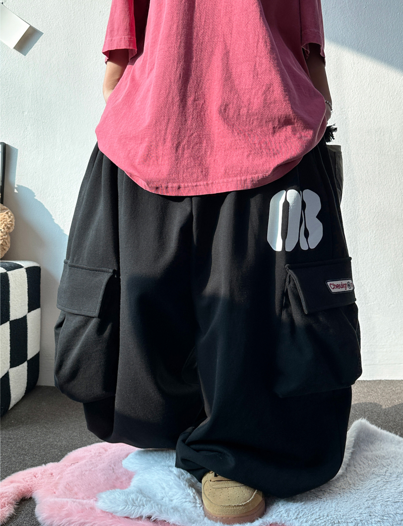 NUMBERING PATCH SWEAT BALLOON LOOSE WIDE CARGO PANTS 🩵🩶🖤 - 3 COLORS