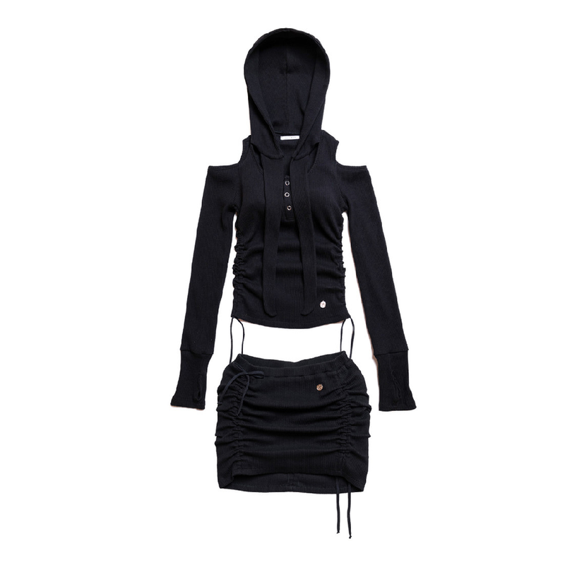 OFF SHOULDER HOODED LONG SLEEVE BLACK