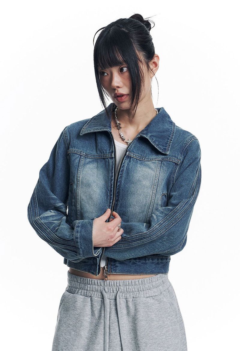 Washed Crop Track Denim Jacket - Deep Blue
