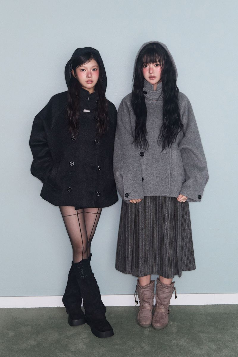 HOODED DOUBLE HALF COAT GREY