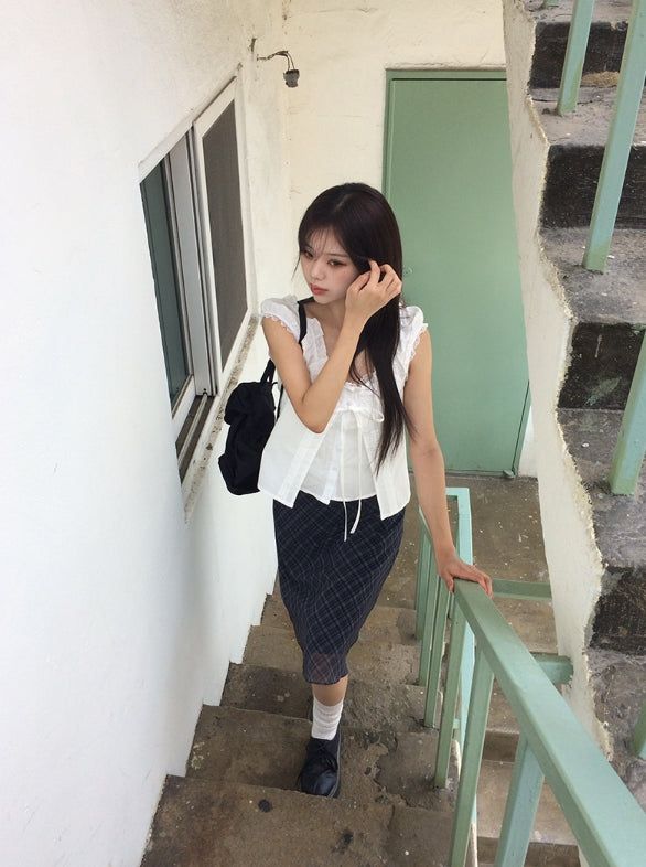 Conse Chiffon Check Midi Skirt
