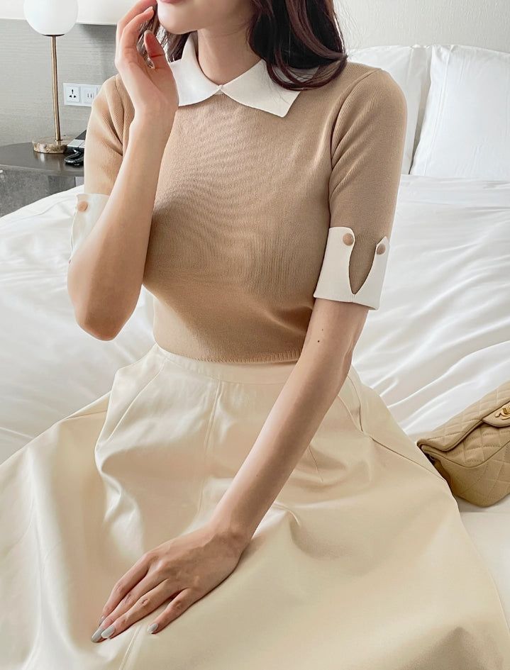 Ez Color Matching Button Short Sleeve Collar Knit