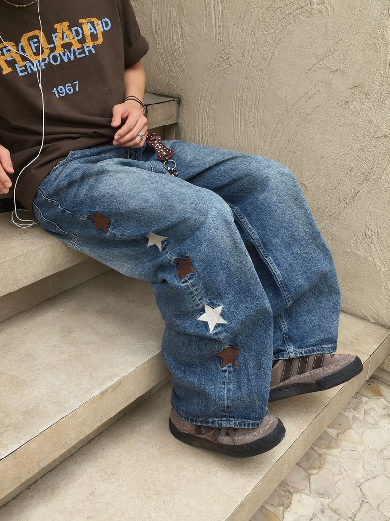 Star embroidered denim pants (middle blue)