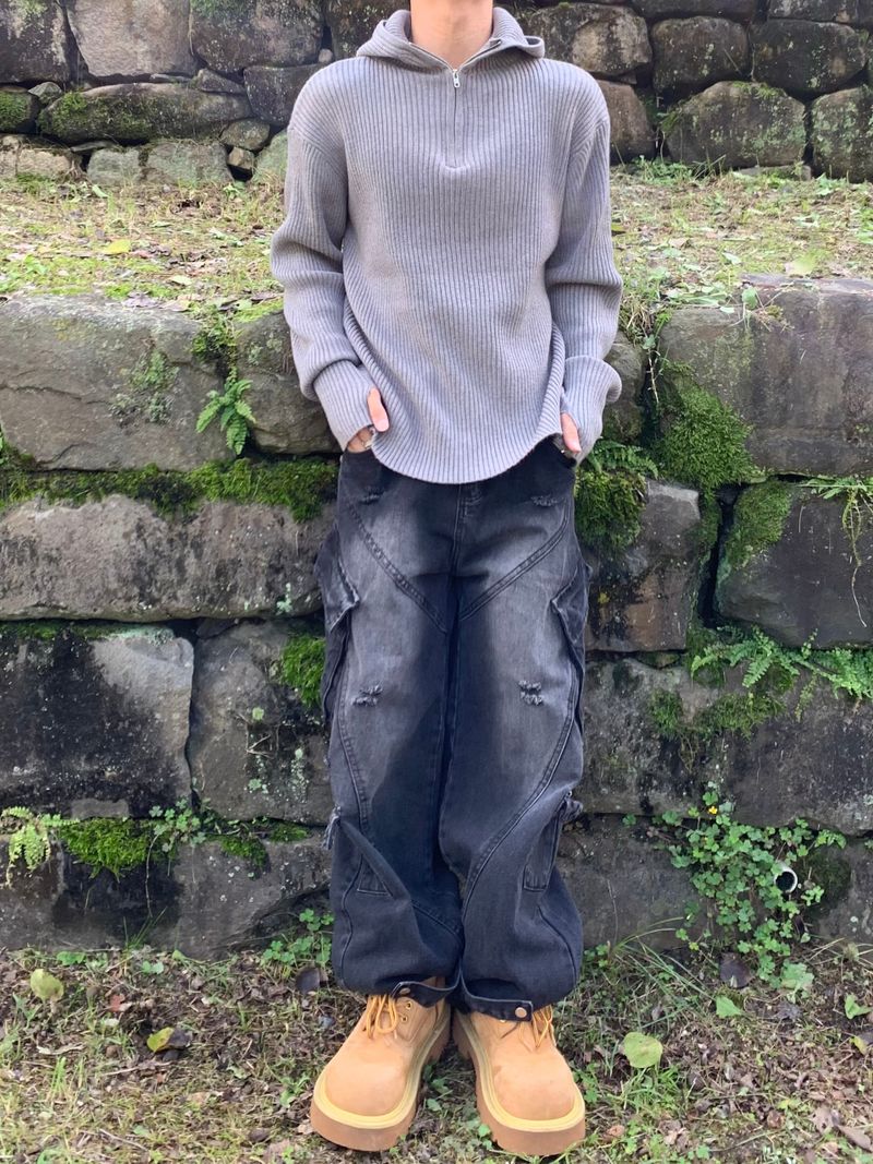 Rib Hood Half Zip-Up Knit