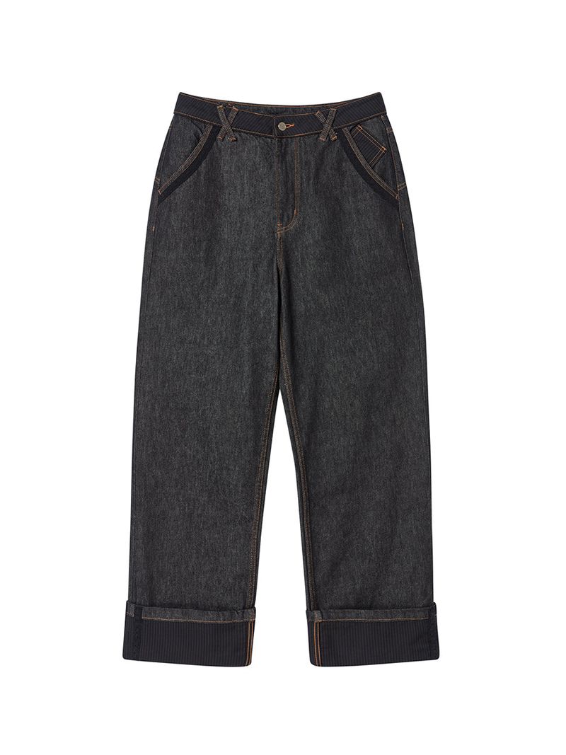 LACE ROLL UP DENIM PANTS BLACK