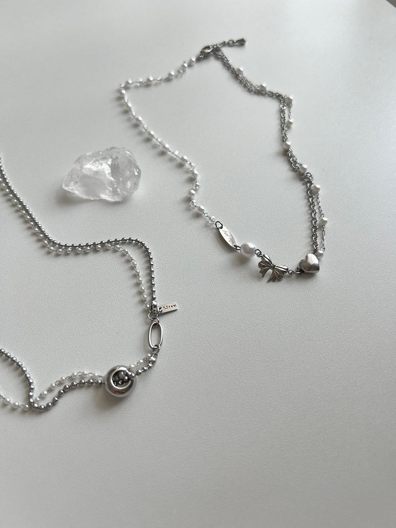 um Pearl Stainless Steel Two Lines Hip Bold Ball Layered Short Choker Wedding Necklace