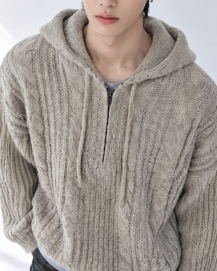 (UNISEX) Follow Half Zip Cable Knit Hoodie