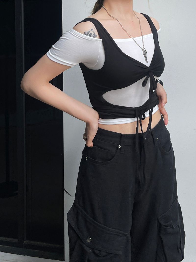 Layered Strap Hole Ribbon Top