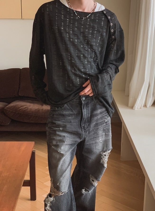 26SS★ [PLAN MADE/MADE] Slant Snap Damaged Knit