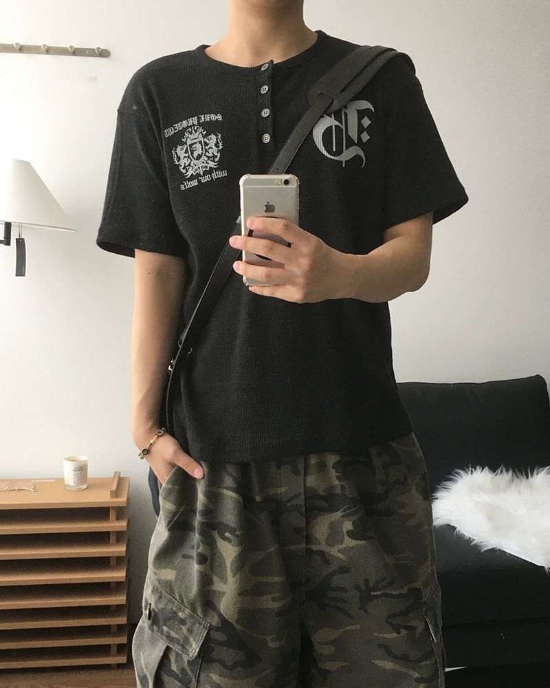 Shield Henley neck Waffle Short Sleeve T