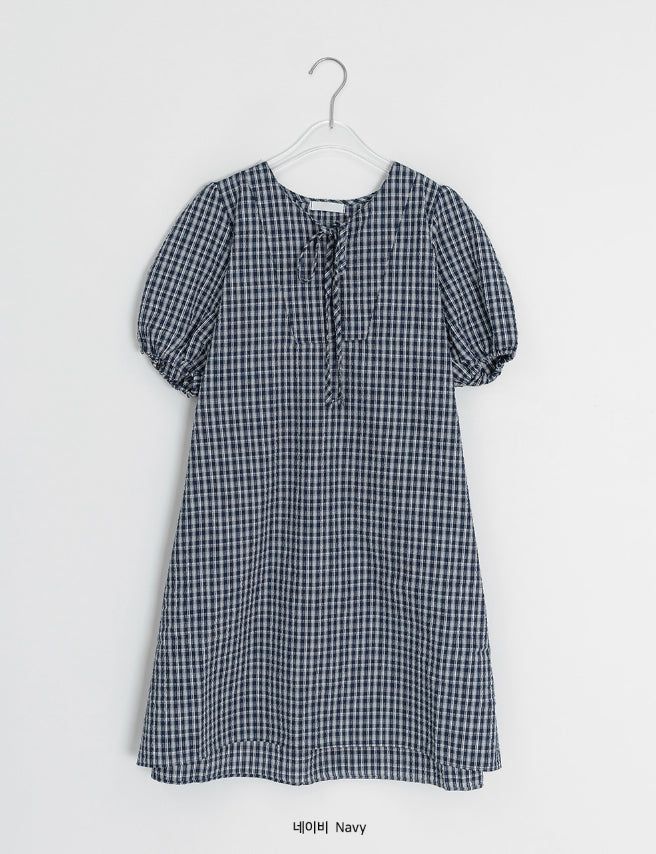 Zimo Check Button Puff Short Sleeve One Piece