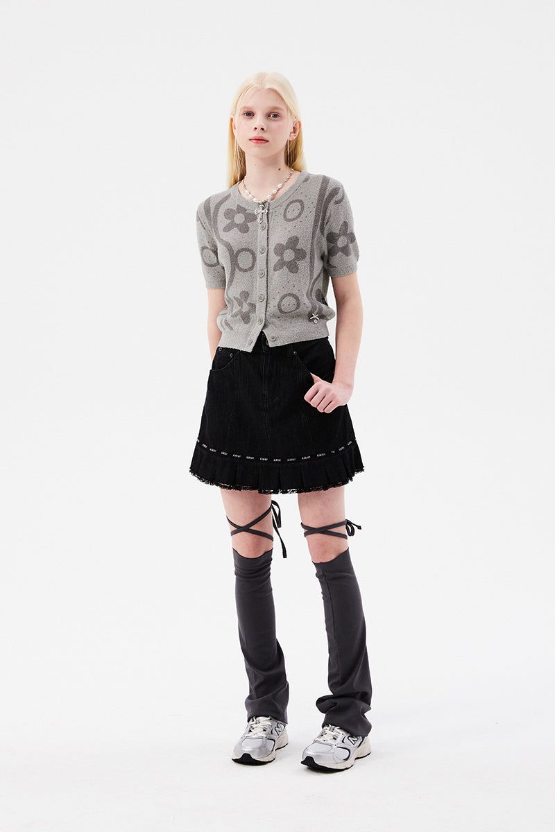 CHERRY JACQUARD PATTERN SHORT SLEEVE CARDIGAN [MELANGE GRAY]