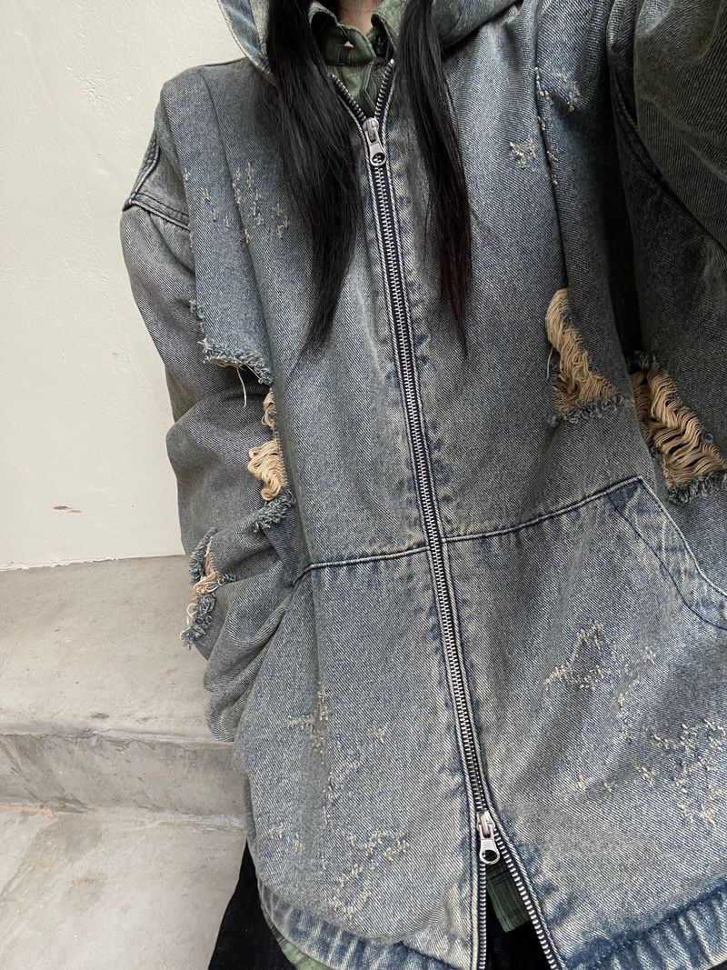 Vintage Dis denim Hooded Zip-Up