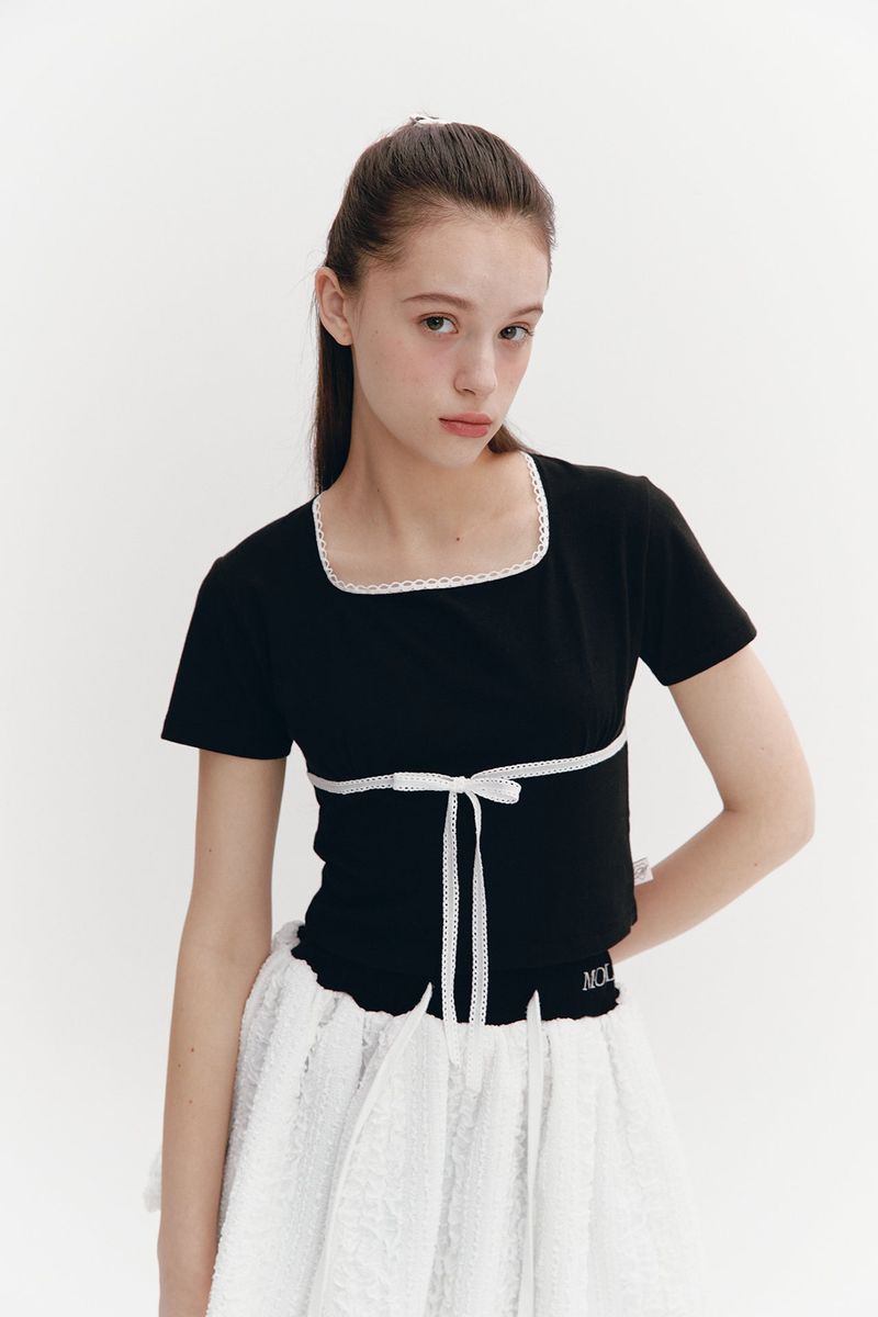 Lace Ribbon Shirring Top Black