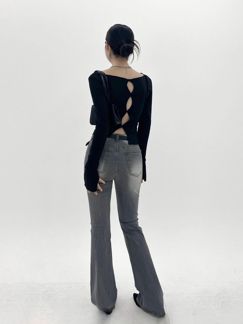 White washing boots-cut denim pants (Light gray)