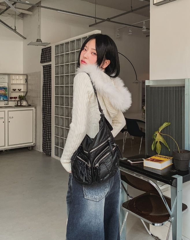 Rinco Cable Knit Fur Hood Zip-Up
