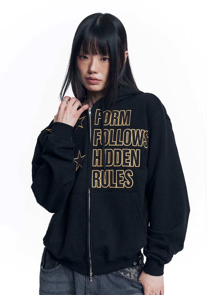 Star Lettering Patch Hoodie Zip-Up - Black
