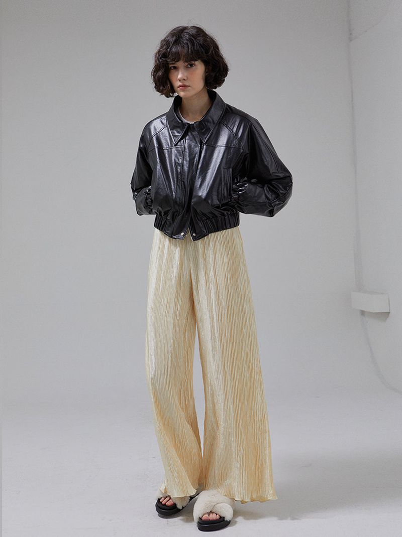 [LINE] Collar Crop Leather Jacket