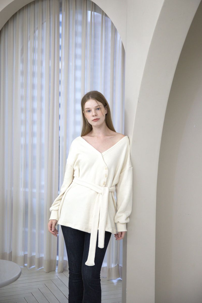 Offshoulder Wrap Strap Cardigan Ivory
