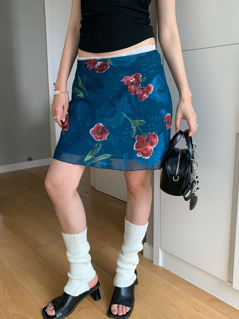 Red flower blue chiffon chiffon skirt