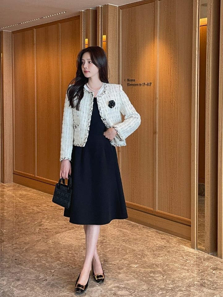Tiang Round Color Matching Tweed Jacket (Brooch Set)