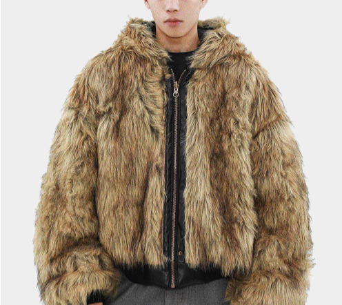 Zeoni fur trim hooded dark black leather jumper
