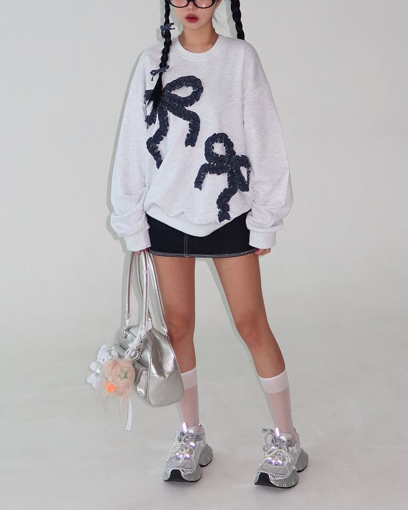 denim ribbon oversized fit sweatshirt