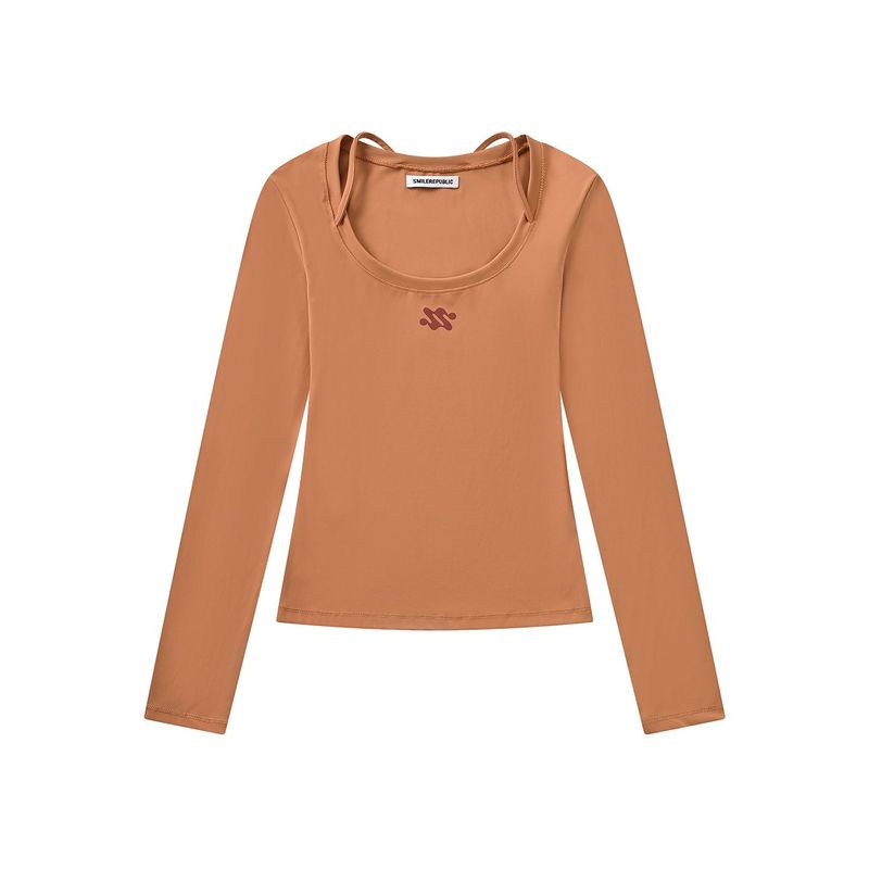 Brown Gray Slim Fit Nylon Spandex Long Sleeve Casual Top for Women, Stretchy Fitted Everyday Shirt