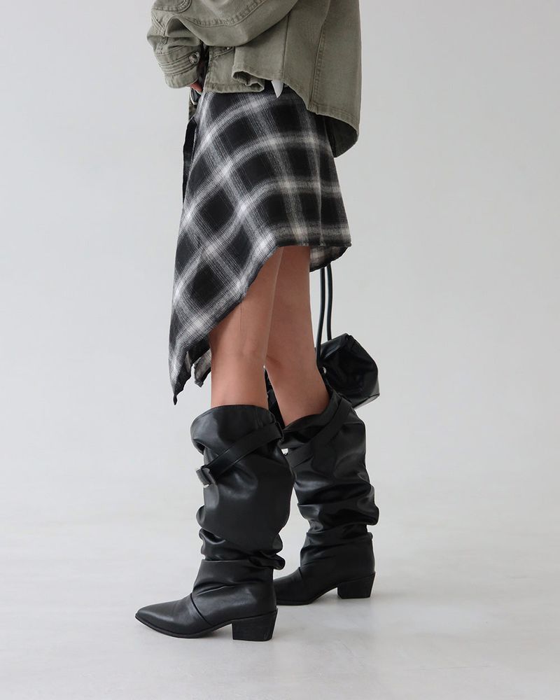 Wrinkle Shirring Belt Western Wide Long Boots