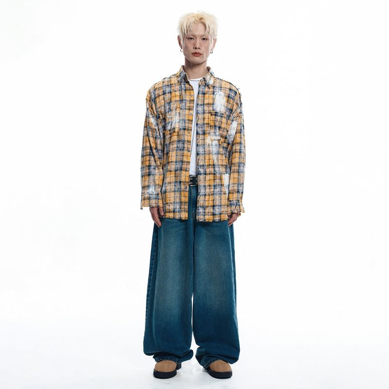 Lettering Wide Denim Pants - DEEP BLUE