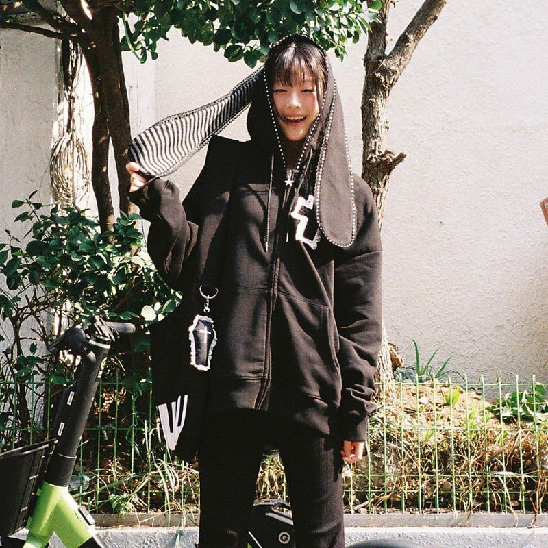 Cross Bunny Ear Zip-Up Hoodie - Black