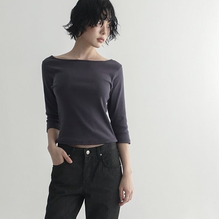  [Riabu] boat Neck Three-quarter sleeve cropped T-shirt - 4 color