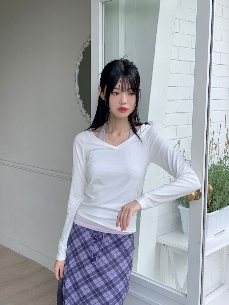Shabin Vintage Y2K Check Pattern Ribbon Long Skirt