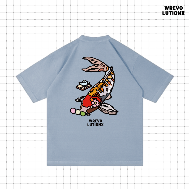 WREVOLUTIONX by WooLeeX（レボリューションエックス バイ ウーリーエックス）の「Tea‑Time Koi Sakura Denim-Washed Heavy‑Weight T-Shirt (Sky Blue)（Tops）」
