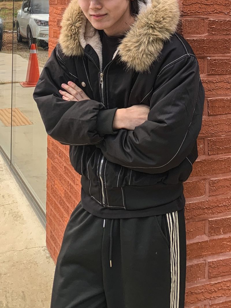 Raccoon-Trim Paneled Puffer Jacket with Fur Lining