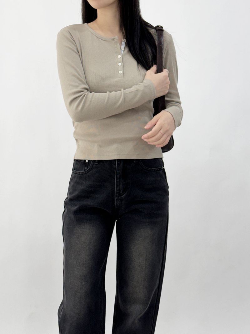 Mik Button Color Block Long Sleeve T-shirt