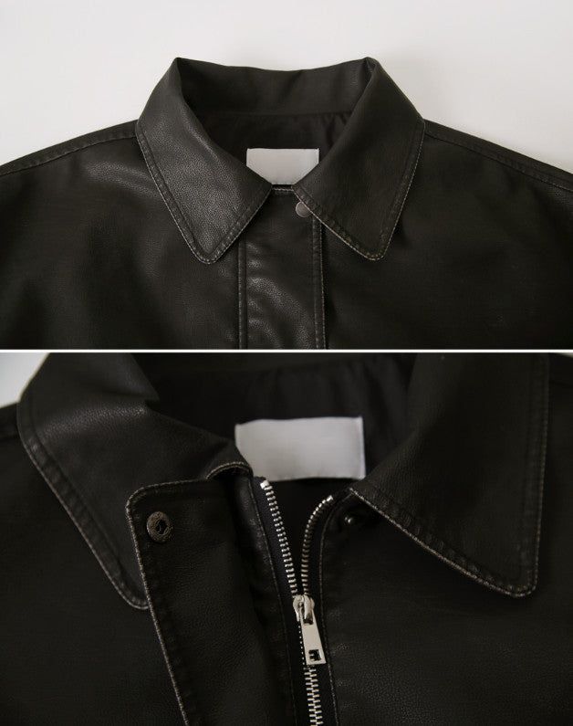 #Big Pocket Collar Loose Leather Jacket