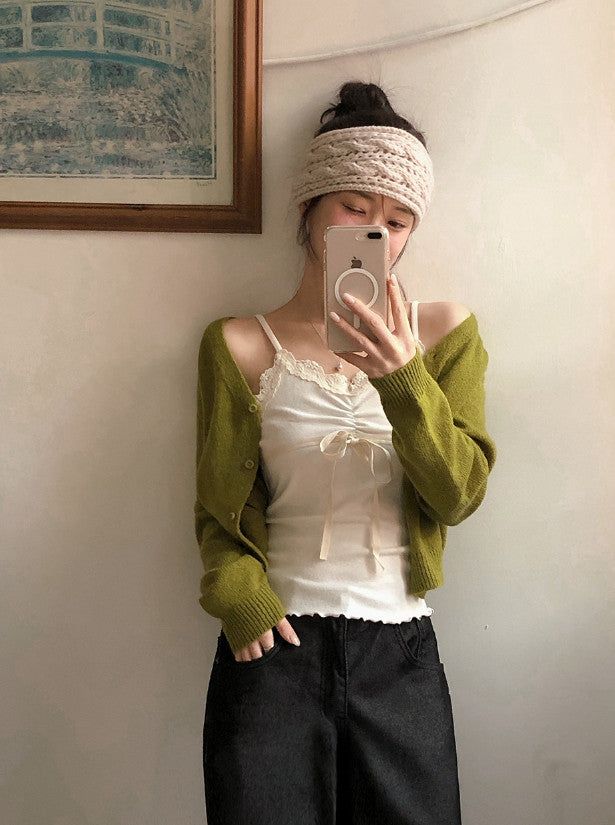 Lace Ribbon Shirring Layered Sleeveless (3color)